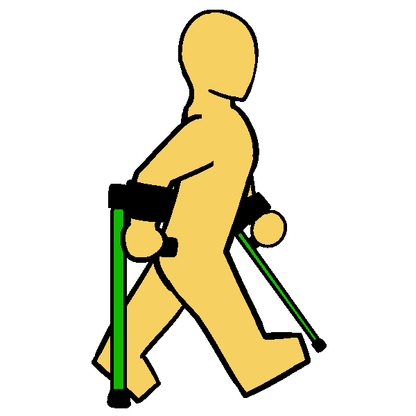  A yellow thin person walking with green forearm crutches.